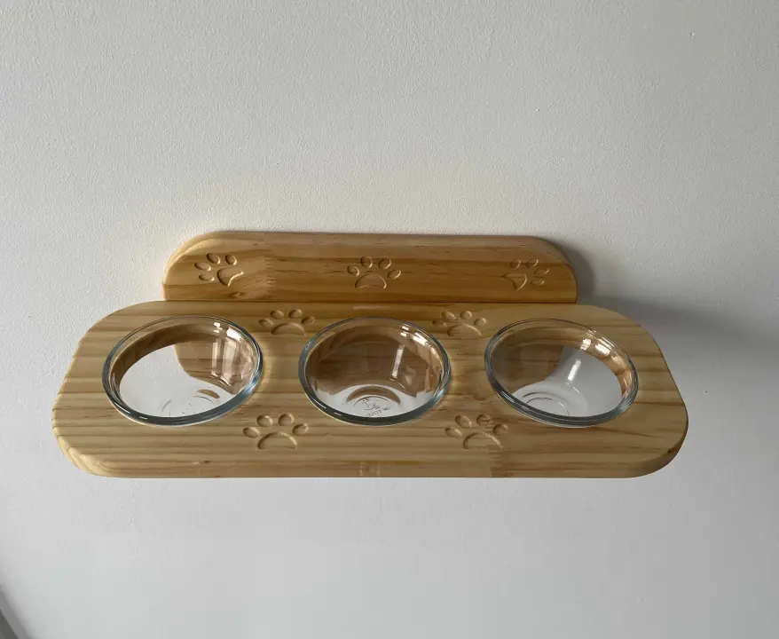 Wooden wall-mount cat feeder triple bowl 177ml-6oz