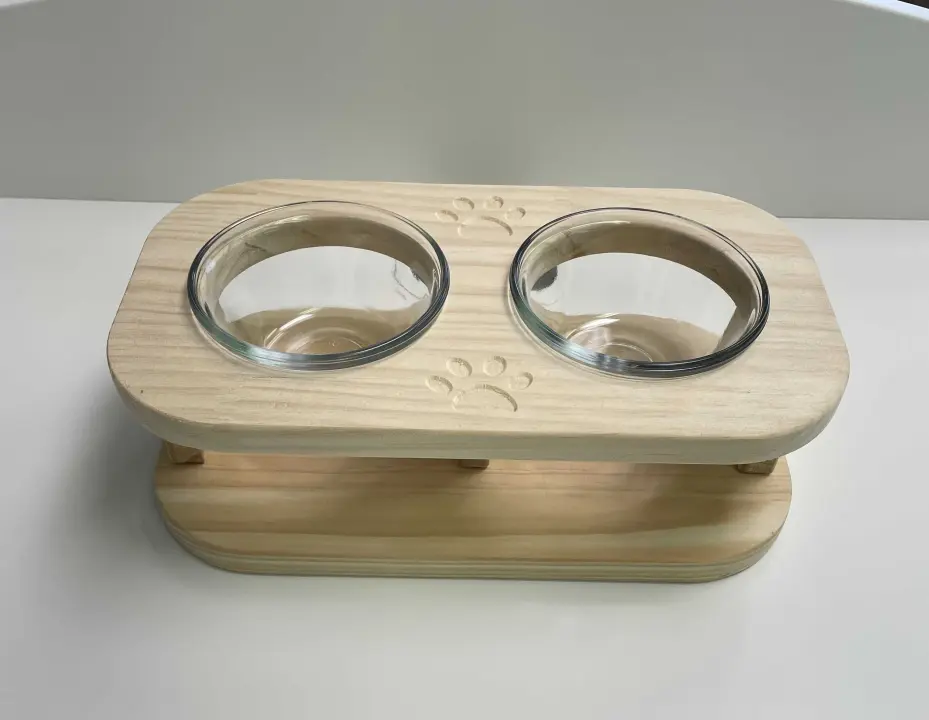 Wooden cat food bowl stand elevated double bowl  177ml-6oz
