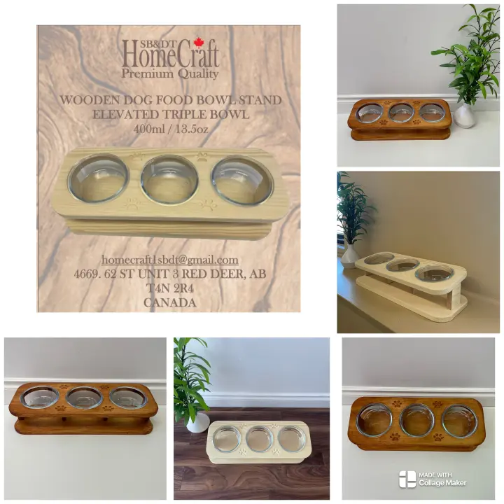 Wooden cat food bowl stand elevated triple bowl 400ml-13.5oz
