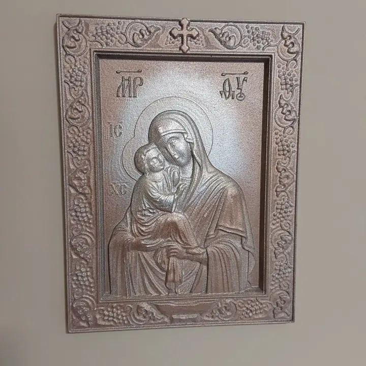 Virgin Mary with Jesus Icon, Religious home decor MDF carved icon