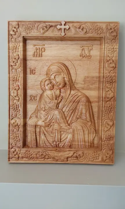 Virgin Mary with Jesus Icon, Religious home decor wood carved icon